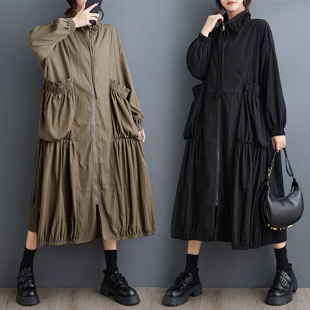 Lewwe-Stand Collar Plain Zip Midi Coat Dress