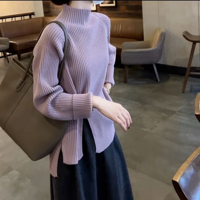 Sienne-Mock Neck Plain Slit Ribbed Sweater