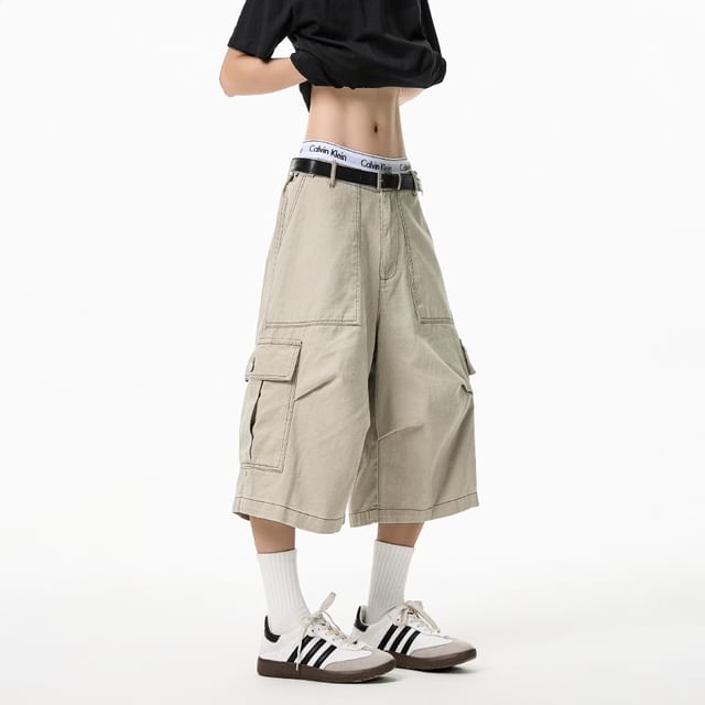 FOEV-Low Rise Plain Capri Wide Leg Cargo Pants