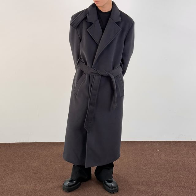 DragonRoad-Notch Lapel Tie Waist Plain Long Coat