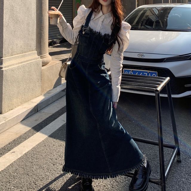 ROADY - Distressed Denim Maxi Midi Overall Dress / Puff-Sleeve Shirt | YesStyle ROADY - Distressed Denim Maxi Midi Overall Dress / Puff-Sleeve Shirt | YesStyle