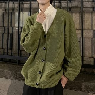 Double White-Puff-Sleeve V-Neck Plain Cardigan