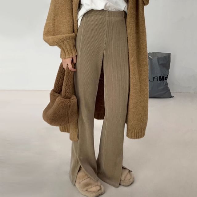 Janerium-High Waist Plain Front-Slit Flared Pants