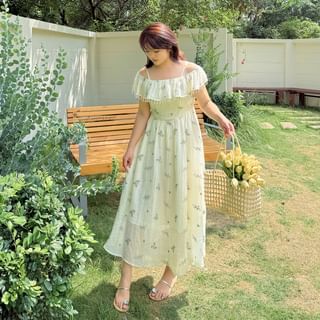 Tripoly Short-Sleeve Cold Shoulder Floral Print Maxi A-Line Dress Sale