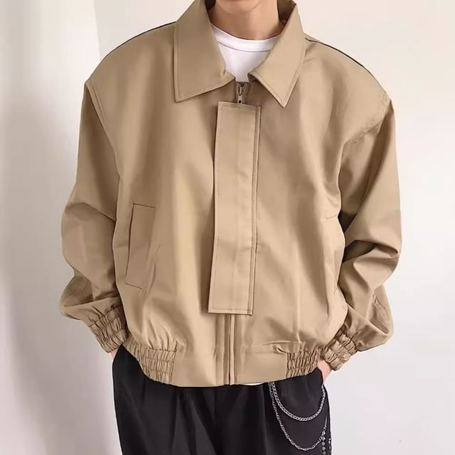 Neonity Wear-Collared Plain Zip Up Bomber Jacket