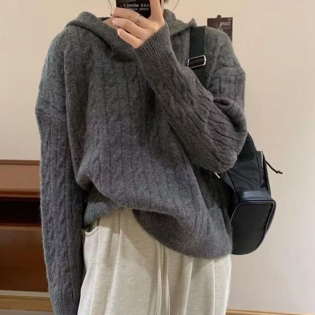 Beaustreet-Long-Sleeve Plain Hooded Cable Knit Sweater