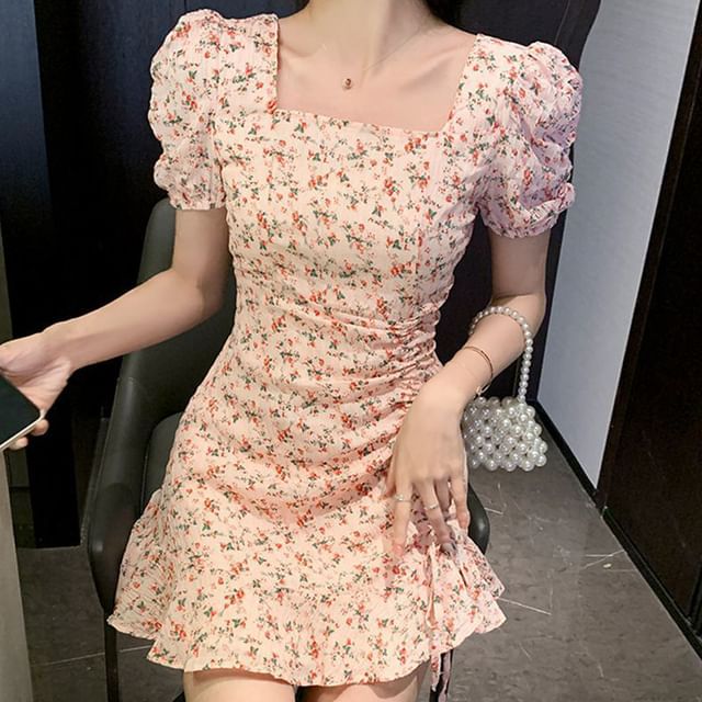 floral print drawstring ruched dress Sage Floral Print Mesh Ruched Ruffle Laced Hem Dress