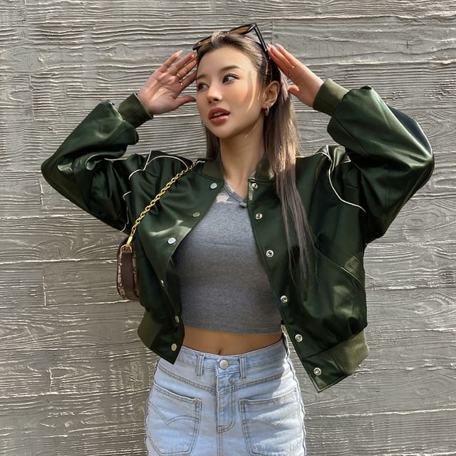 LIPHOP SnapButton Satin Bomber Jacket YesStyle