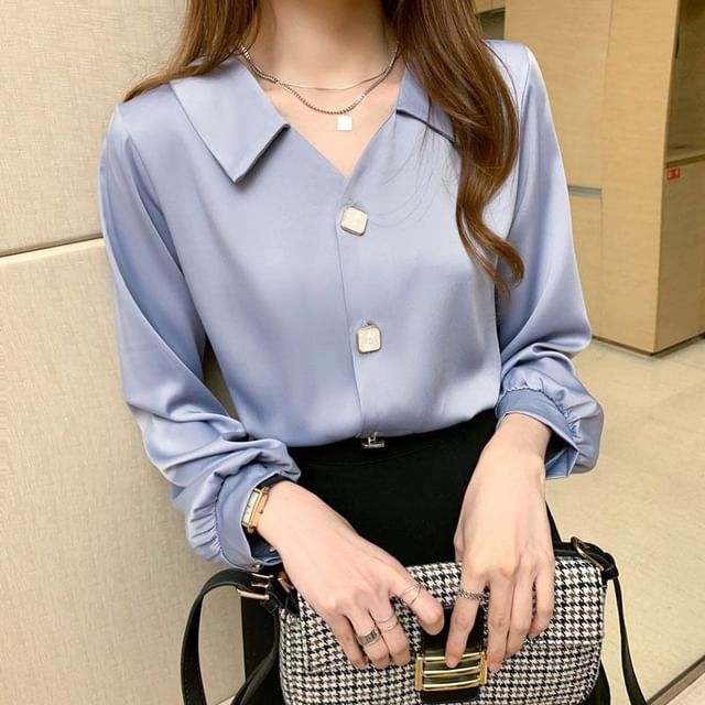 ISSOL-Long-Sleeve V-Neck Chiffon Blouse