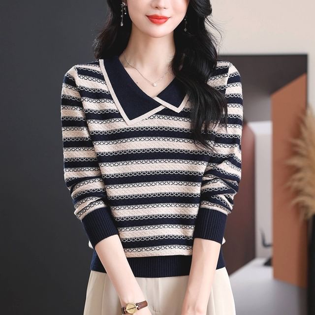 Omibayo-Puff-Sleeve Striped Collared Sweater