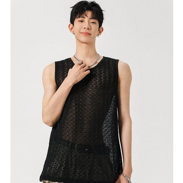 Orungeetun-Crewneck Mesh Plain Tank Top