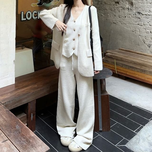 Trendycas-V-Neck Plain Cardigan Button Sweater Vest Drawstring Waist Knit Baggy Pants