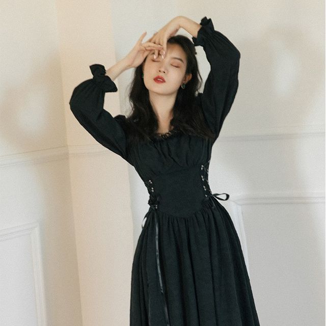 Cocaliso - Long-Sleeve Lace Up Midi A-Line Dress | YesStyle
