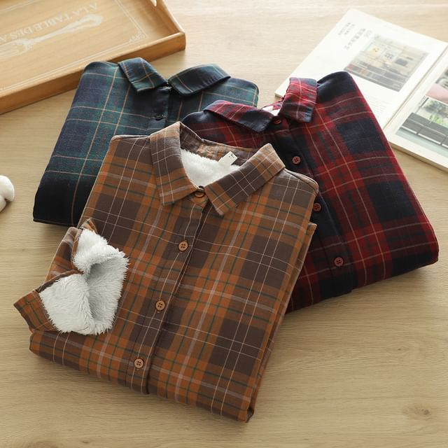 PANDAGO-Fleece-Lined Plaid Button-Up Shirt