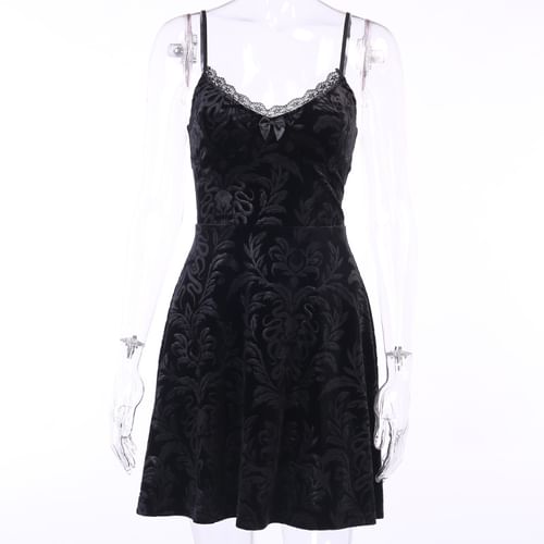 Solvor - Spaghetti Strap Lace Trim Jacquard Mini A-Line Dress