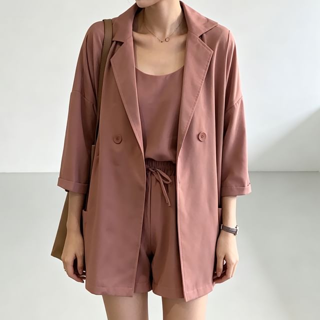 Strawolf-Set Blazer de hombros caídos Shorts Top de tirantes