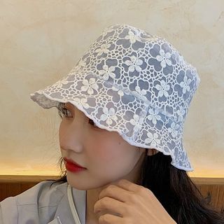 Floral Embroidered Organza Bucket Hat 
