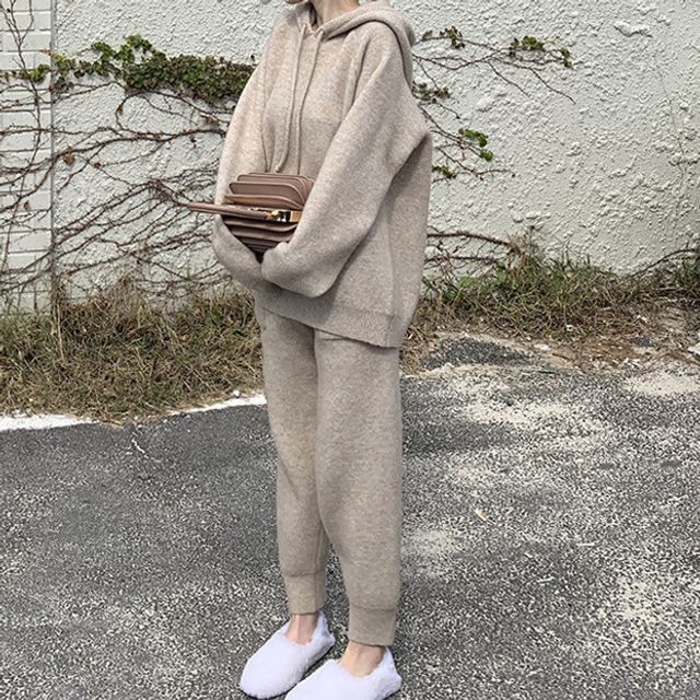Omibayo-Set Plain Hoodie High Rise Harem Sweatpants