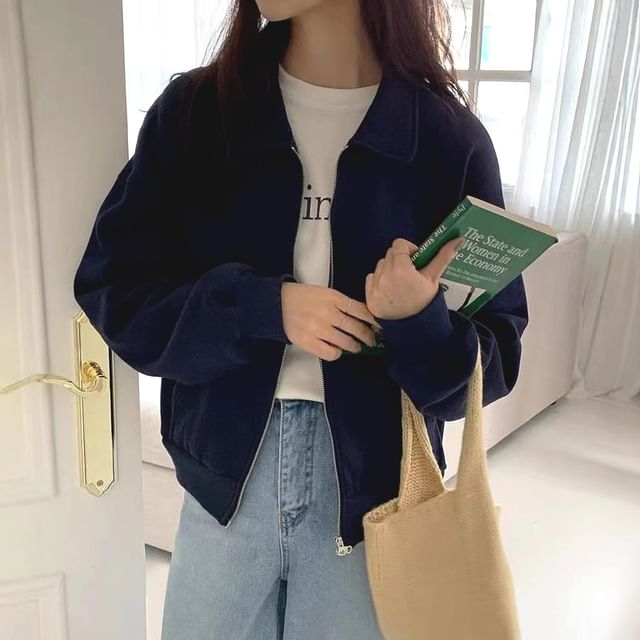 MIKIGA-Collared Plain Fleece-Lined Zip Jacket