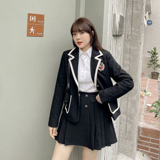 Tripoly Long Sleeve Blazer + Pleated Mini Skirt