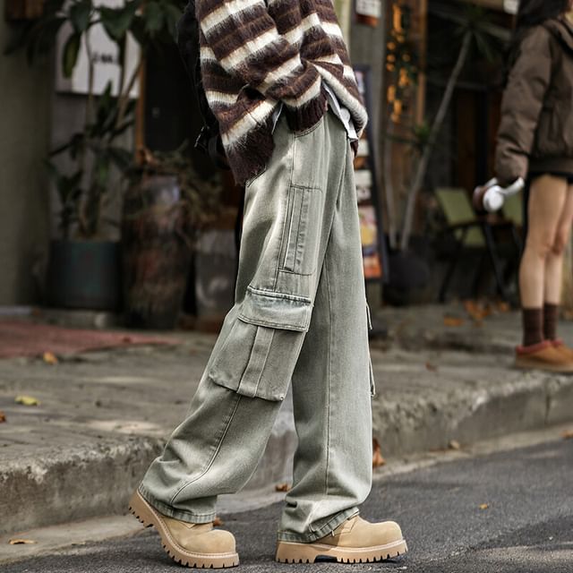 FOEV-High Waist Washed Wide Leg Jeans