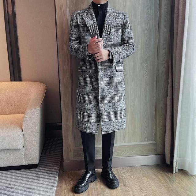 Lefitt-Peak Lapel Plaid Midi Double-Breasted Coat