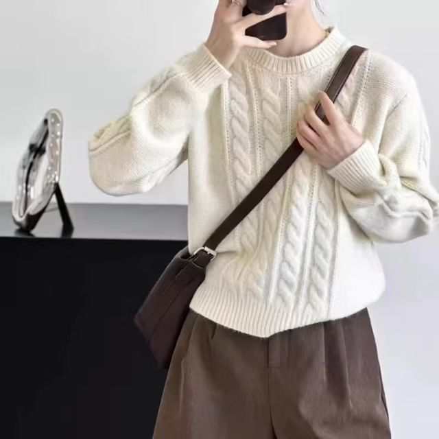 MIKIGA-Crew Neck Plain Cable Knit Cropped Sweater