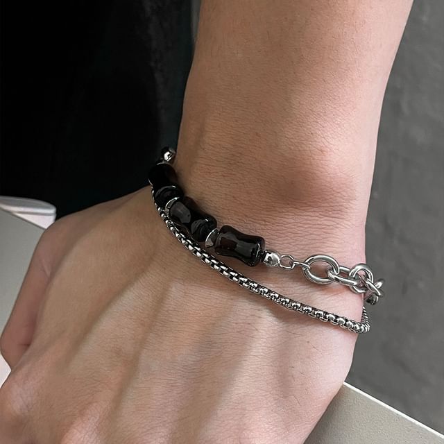 Black Degree-Stainless Steel Beaded Layered Bracelet