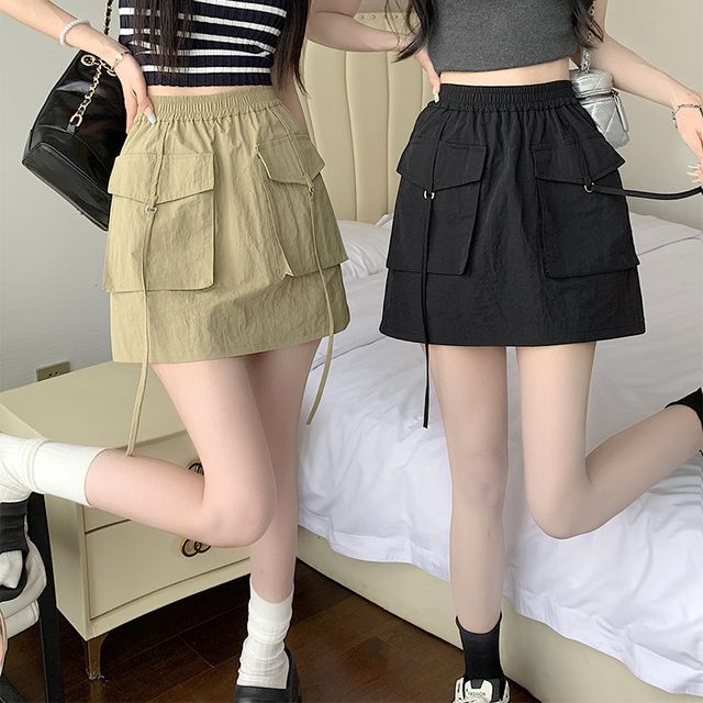 Everose-Elastic Waist Plain Mini A-Line Cargo Skirt