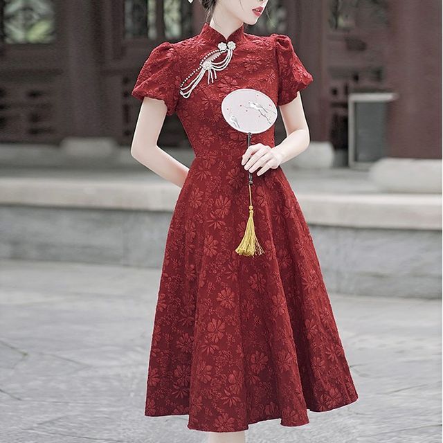mandarin collar a line dress Nebbia - Puff-Sleeve Mandarin Collar Midi A-Line Dress
