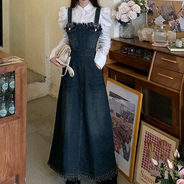 distressed denim overall dress Distressed Denim Overall Midi Dress