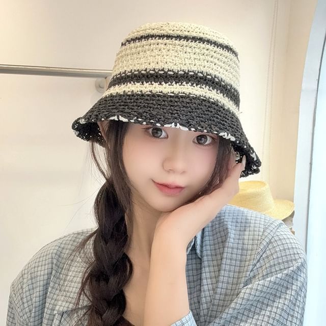 Raconteur-Striped Knit Bucket Hat