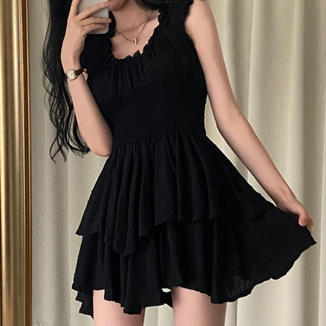 Tulstrix-Sleeveless U-Neck Plain Mini A-Line Dress