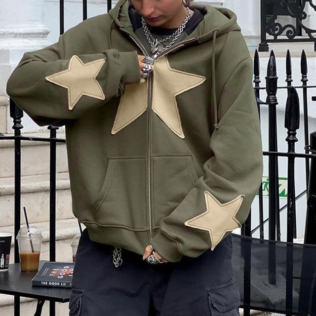PHYPS ♥ Applique Star Object Pigment Hooded Zip-up Trisica - Star Applique Zip Hoodie | YesStyle