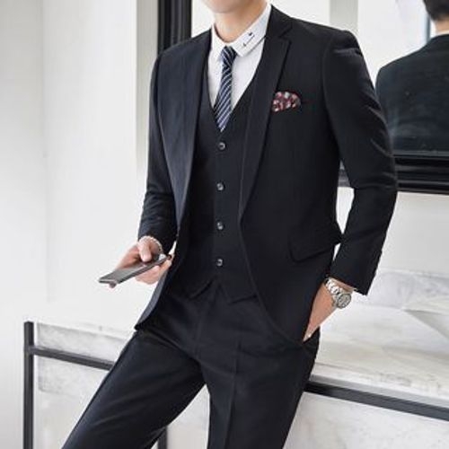 Bay Go Mall - Suit Set: Button-Up Blazer + Vest + Slim-Fit Dress