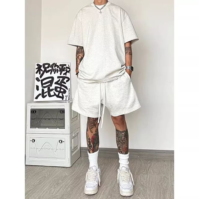 fluffush-Drawstring Waist Plain Sweat Shorts