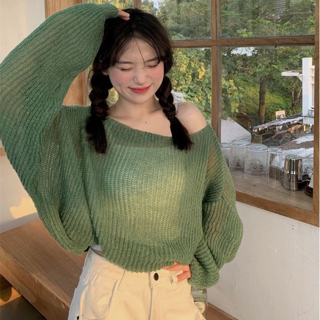 Onjo Off Shoulder Sheer Sweater YesStyle