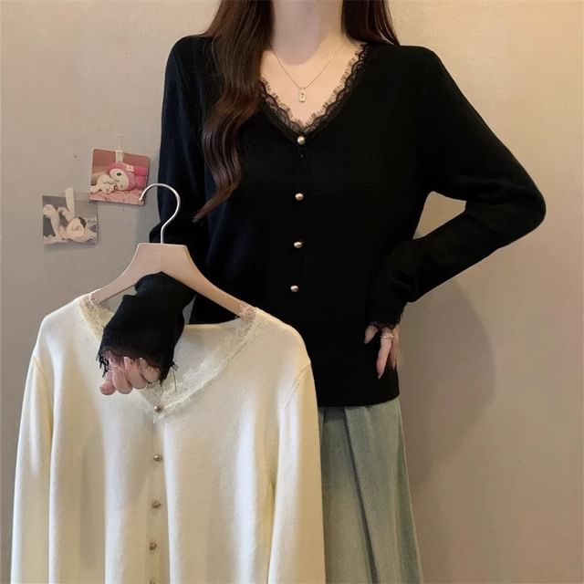 Allinya-V-Neck Plain Lace Trim Cardigan