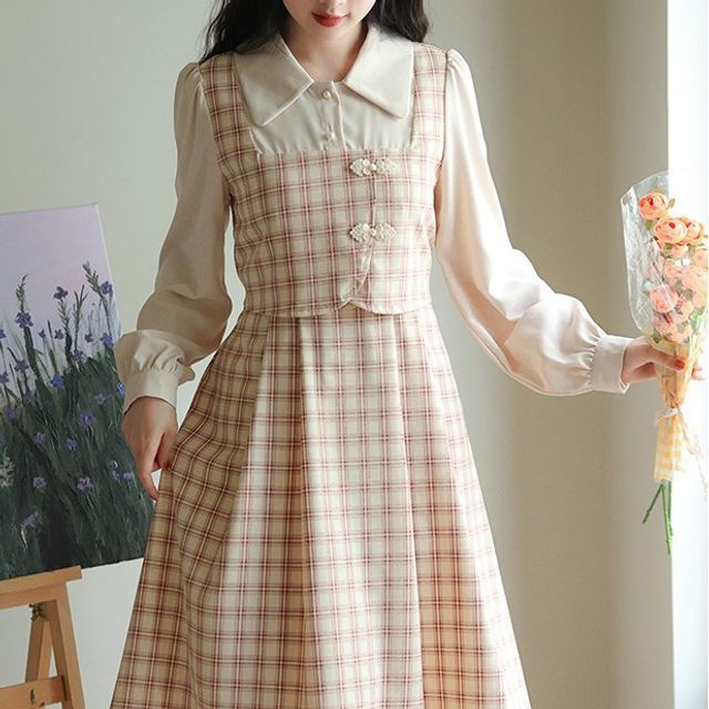 sansweet Long-Sleeve Collared Plaid Midi A-Line Dress YesStyle