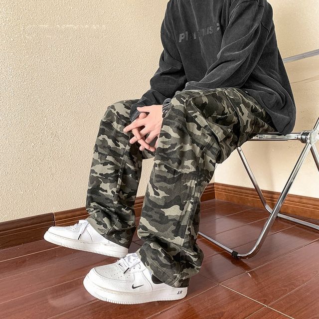 YERGO Drawstring Waist Camo Print Loose Fit Cargo Pants YesStyle