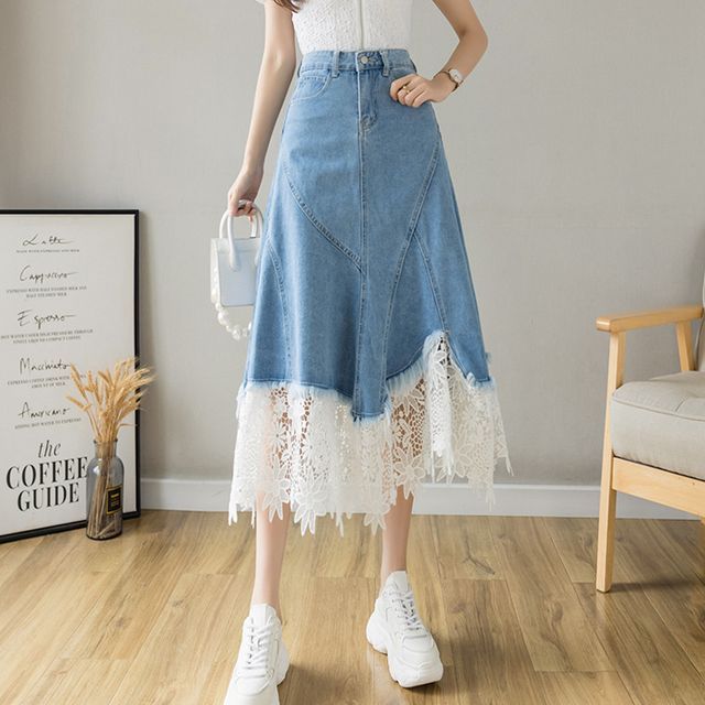 【新品】REMAKE LIKE DENIM LACE LAYERED SKIRT Ewane - High Waist Lace Panel Denim Midi A-Line Skirt | YesStyle