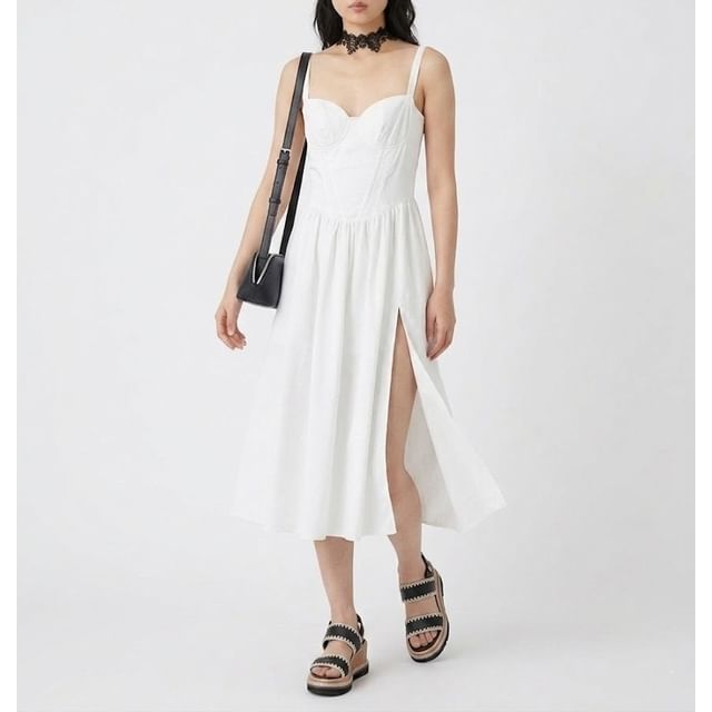Allinya-Spaghetti Strap Plain Slit Midi A-Line Corset Dress