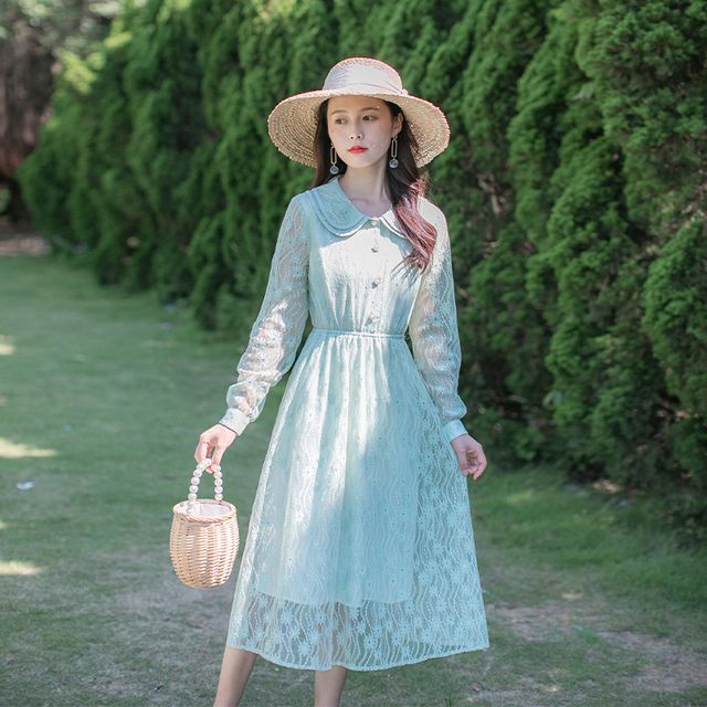 knee length dresses for ladies Alex | Navy Chunky Lace Maxi Tie Front Shirt Dress