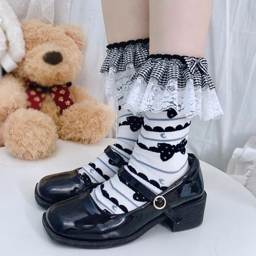 Sayaka - Bow Print Gingham Ruffle Socks