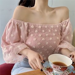 OUREA - 绣花网纱拼接七分袖短款衬衫 OUREA - 绣花网纱拼接七分袖短款衬衫
