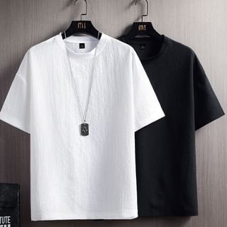 Fireon-Elbow-Sleeve Crew Neck Plain T-Shirt