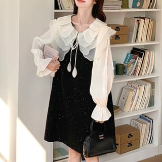 Tzarkozy Long Sleeve Layered Collar Two Tone Glitter Panel Mini A-Line Dress Sale