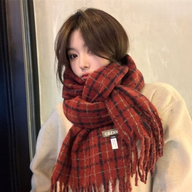 Combon-Plaid Fringed Scarf