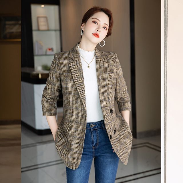 Skyheart - Double-Breasted Plaid Blazer | YesStyle
