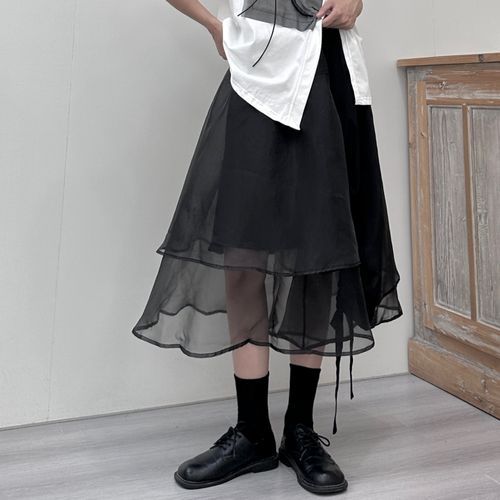 SIMPLE BLACK - High Rise Asymmetrical Plain Midi A-Line Mesh Layered Skirt